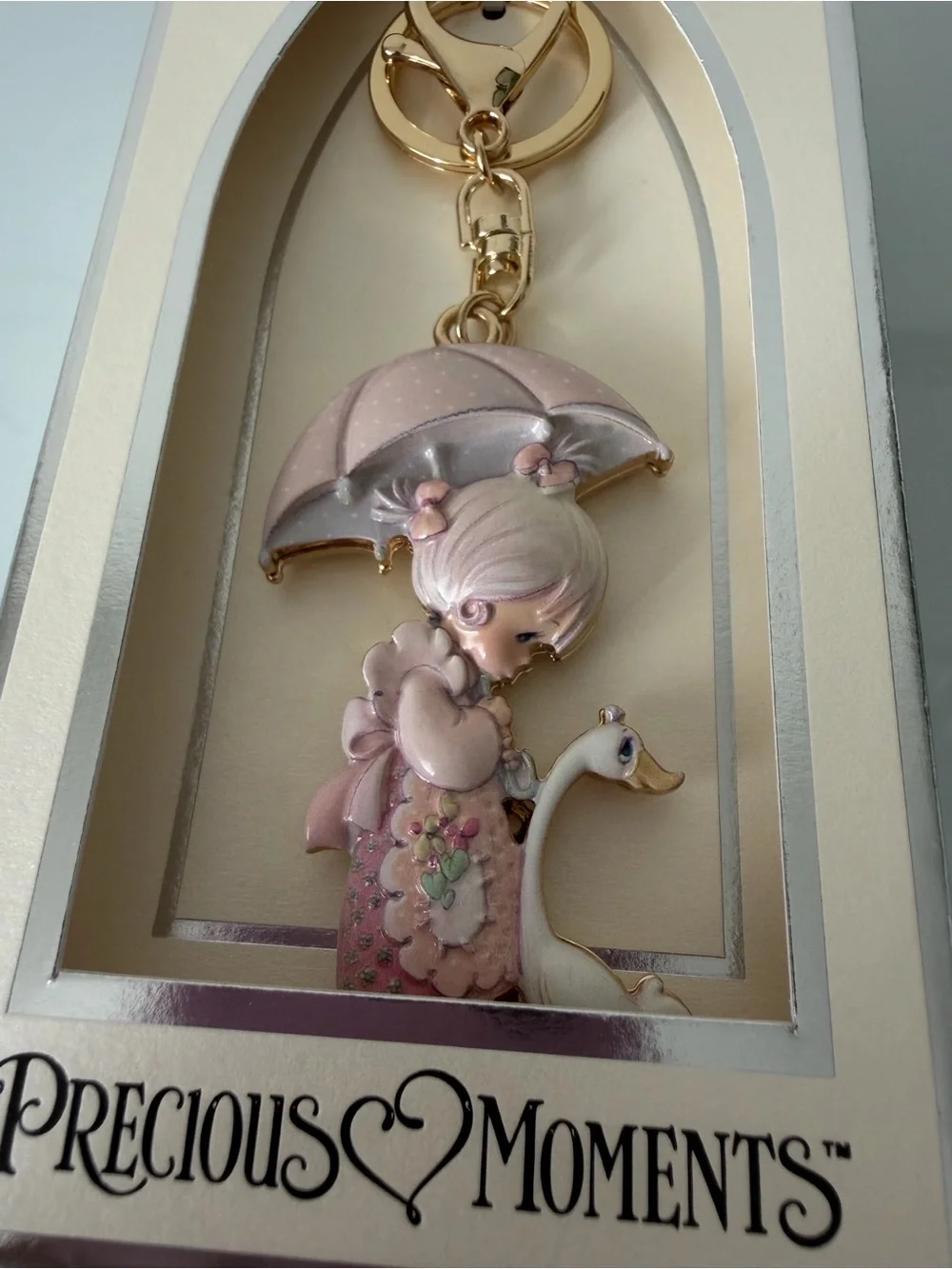 Precious Moments Pink Girl with Umbrella and Swan Keychain bag charm